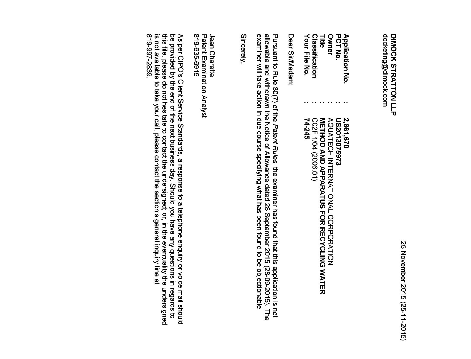 Document de brevet canadien 2861670. Correspondance 20141225. Image 1 de 1