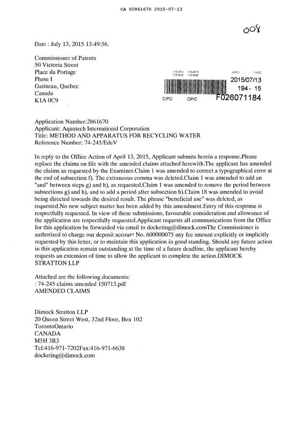 Canadian Patent Document 2861670. Amendment 20150713. Image 1 of 7