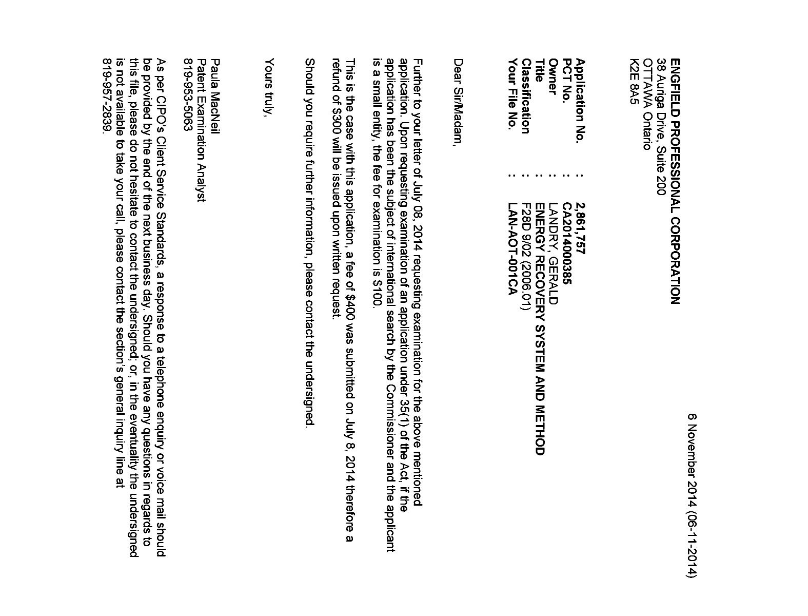 Canadian Patent Document 2861757. Correspondence 20131206. Image 1 of 1