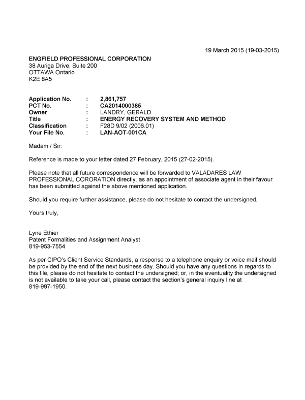 Document de brevet canadien 2861757. Correspondance 20141219. Image 1 de 1