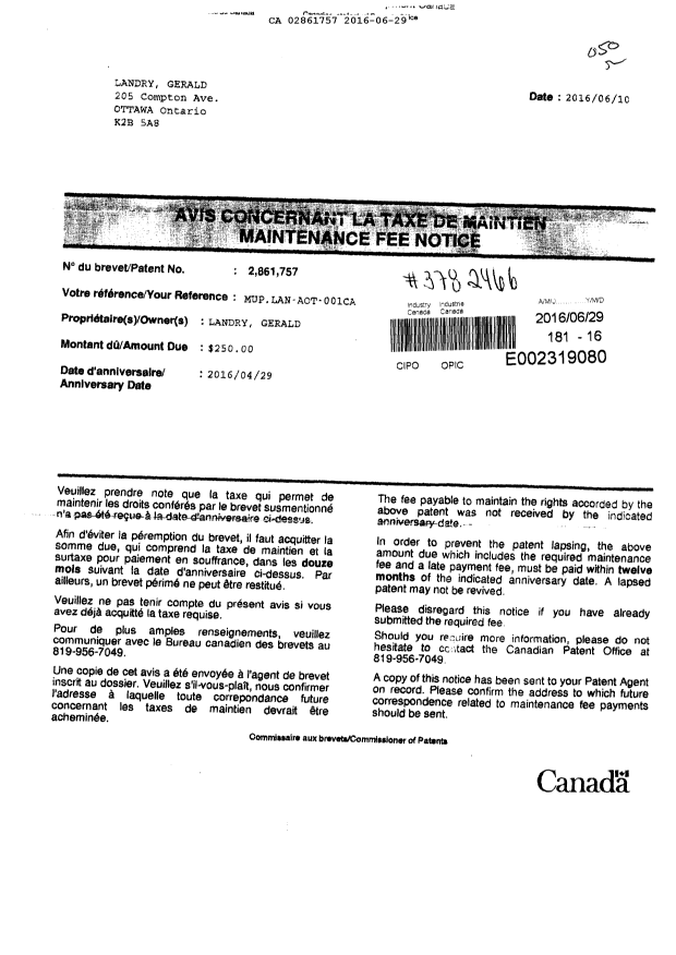 Document de brevet canadien 2861757. Taxes 20151229. Image 1 de 1