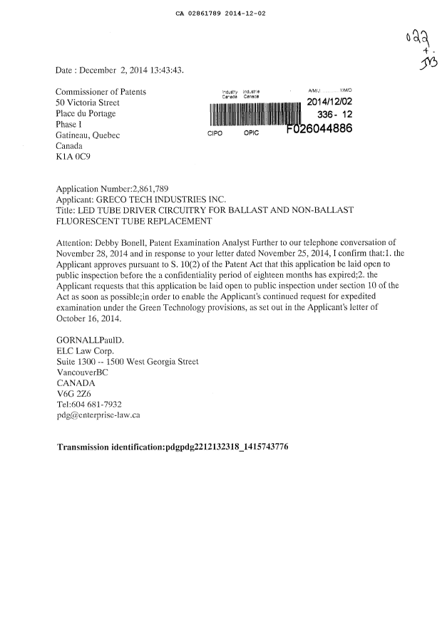 Document de brevet canadien 2861789. Correspondance 20131202. Image 1 de 1