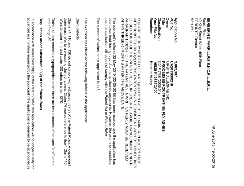 Document de brevet canadien 2862307. Demande d'examen 20150619. Image 1 de 3