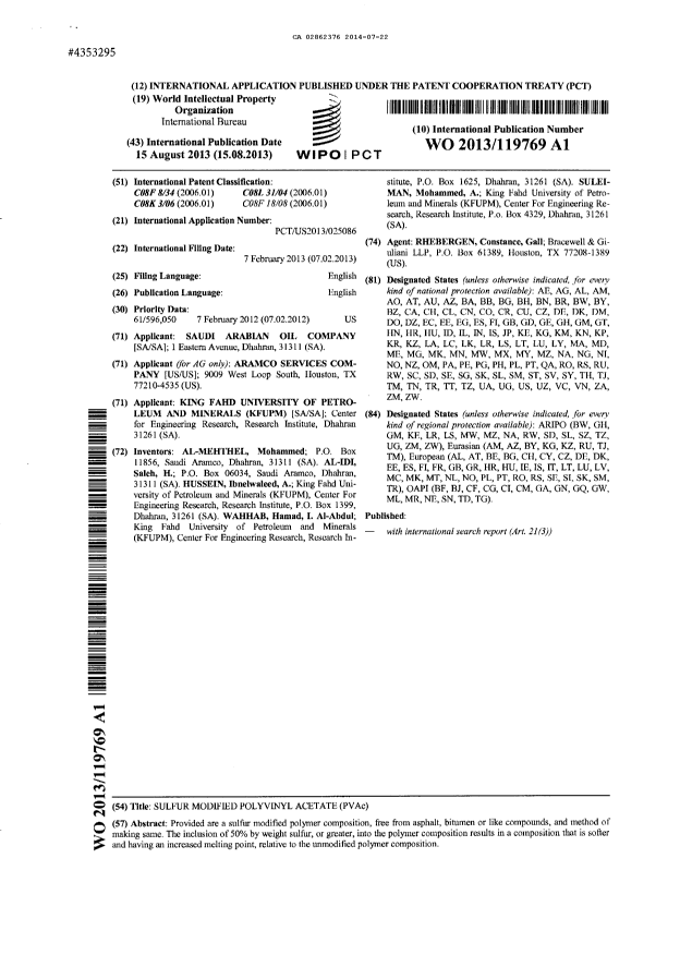Document de brevet canadien 2862376. PCT 20140722. Image 1 de 5