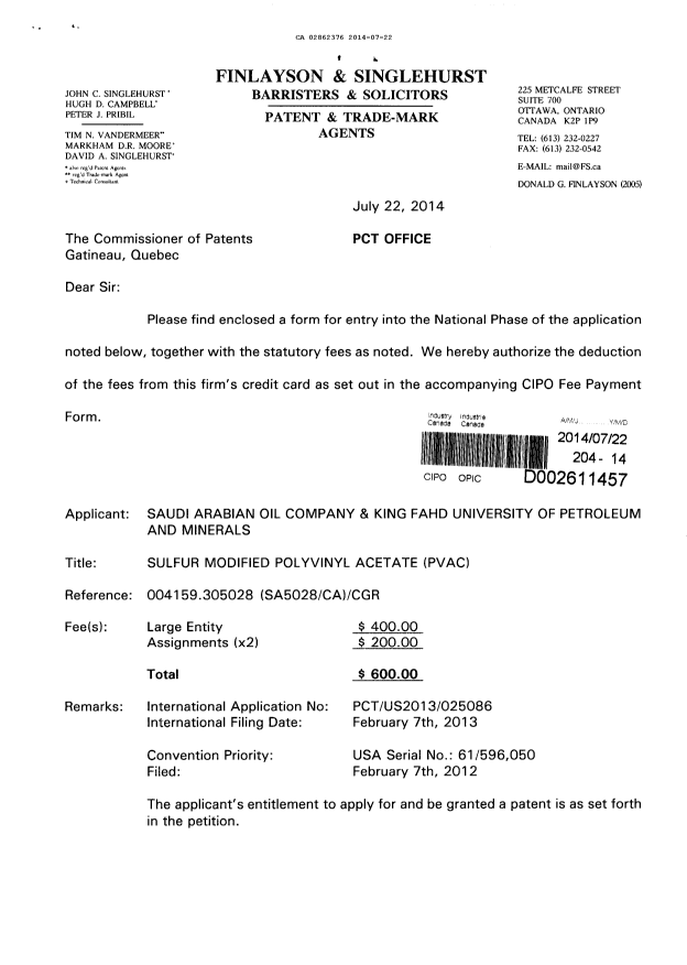 Document de brevet canadien 2862376. Cession 20140722. Image 1 de 15