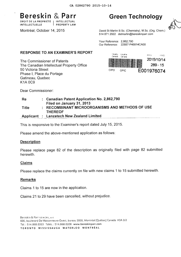 Canadian Patent Document 2862790. Prosecution-Amendment 20141214. Image 1 of 9