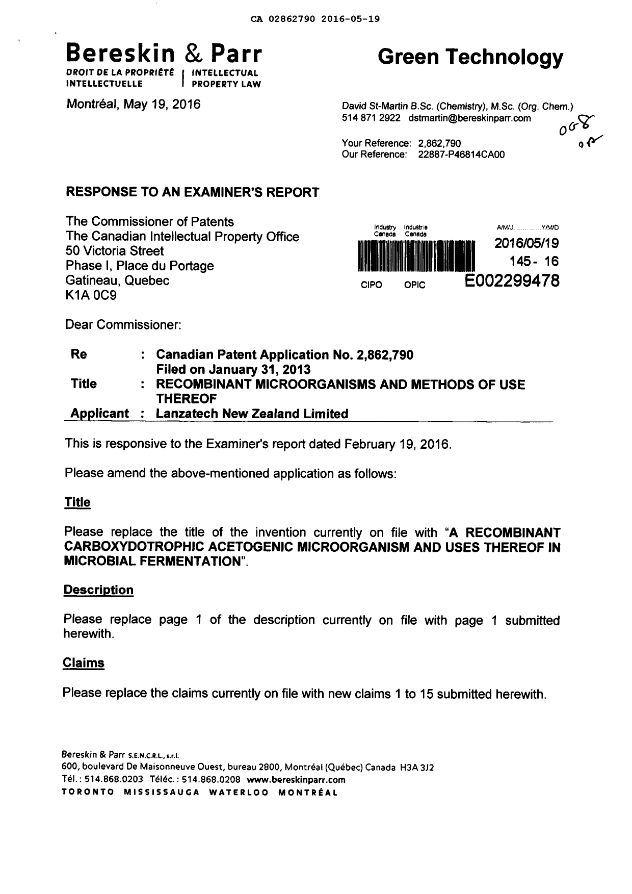 Document de brevet canadien 2862790. Poursuite-Amendment 20151219. Image 1 de 9