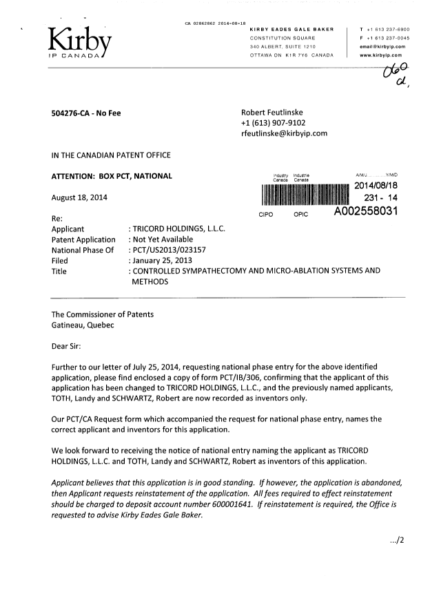 Canadian Patent Document 2862862. Correspondence 20131218. Image 1 of 3