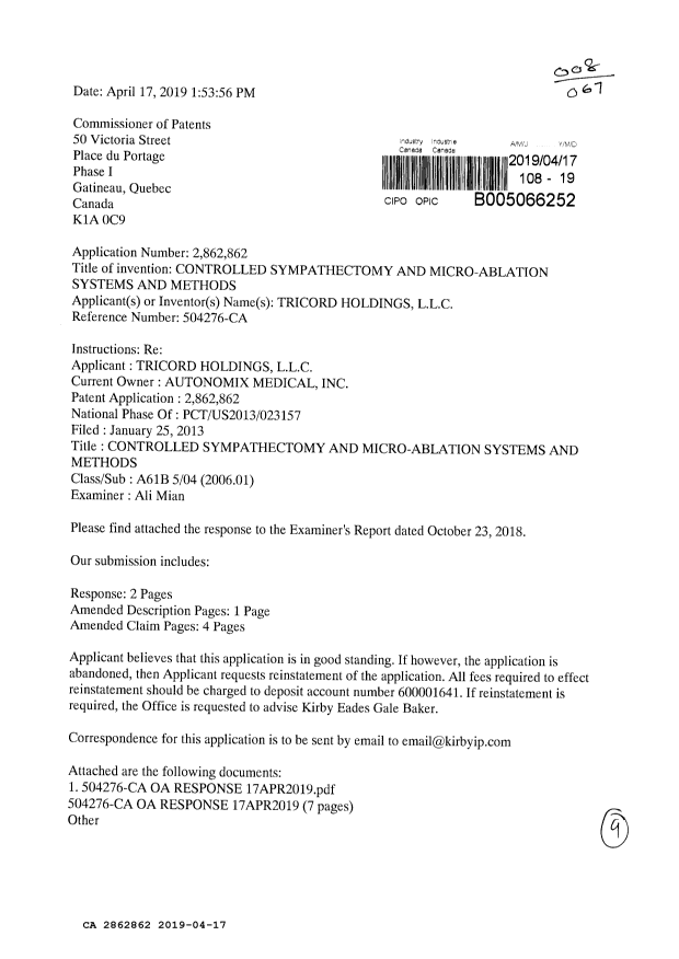 Canadian Patent Document 2862862. Prosecution-Amendment 20181217. Image 1 of 9