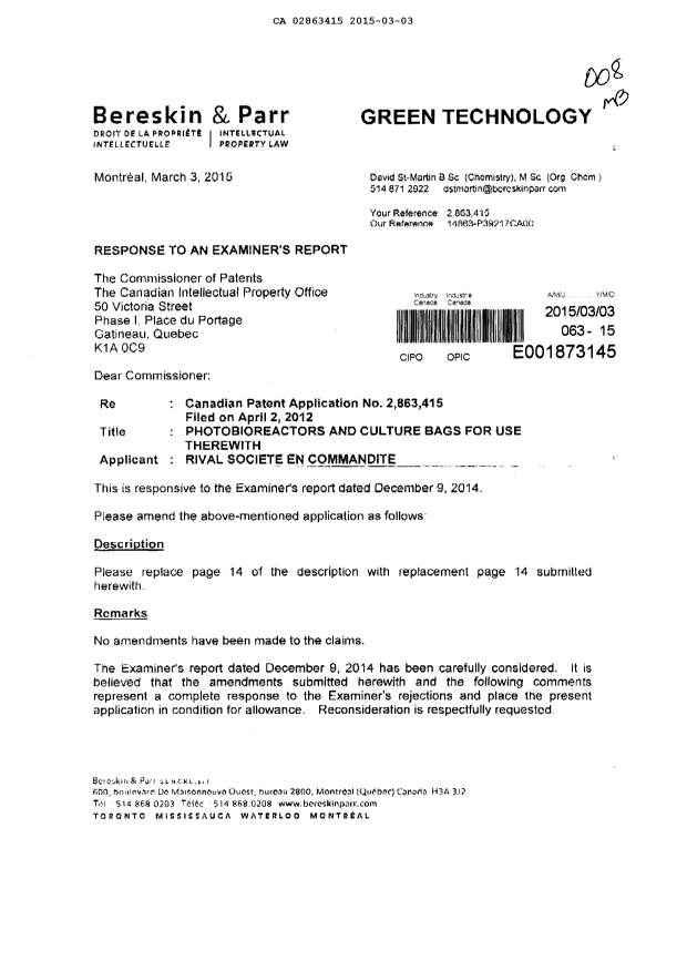 Document de brevet canadien 2863415. Poursuite-Amendment 20141203. Image 1 de 7