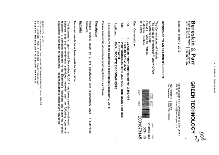 Document de brevet canadien 2863415. Poursuite-Amendment 20141203. Image 1 de 7