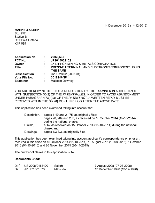 Canadian Patent Document 2863505. Examiner Requisition 20151214. Image 1 of 4