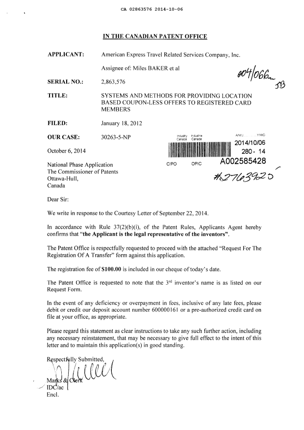 Document de brevet canadien 2863576. Correspondance 20141006. Image 1 de 1