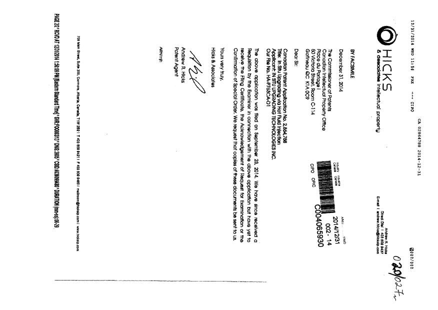 Document de brevet canadien 2864788. Poursuite-Amendment 20131231. Image 1 de 2