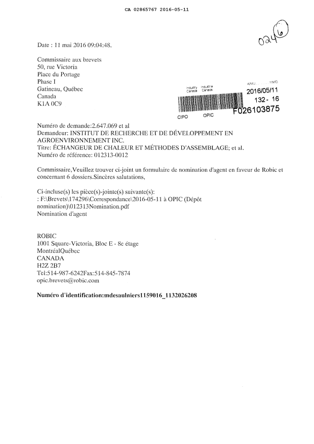 Document de brevet canadien 2865767. Correspondance 20151211. Image 1 de 3