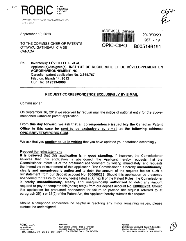 Document de brevet canadien 2865767. Changement à la méthode de correspondance 20190920. Image 1 de 2