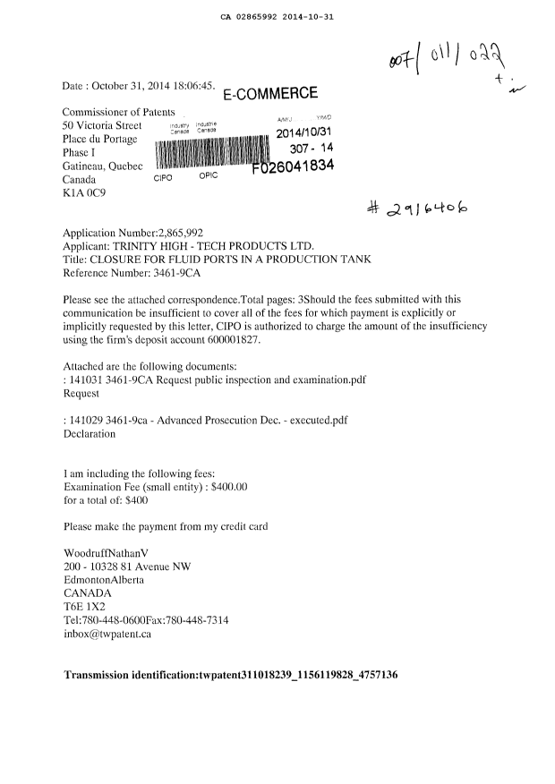 Document de brevet canadien 2865992. Correspondance 20131231. Image 1 de 3
