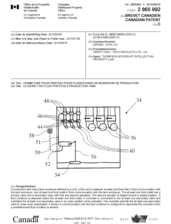 Document de brevet canadien 2865992. Page couverture 20141228. Image 1 de 1