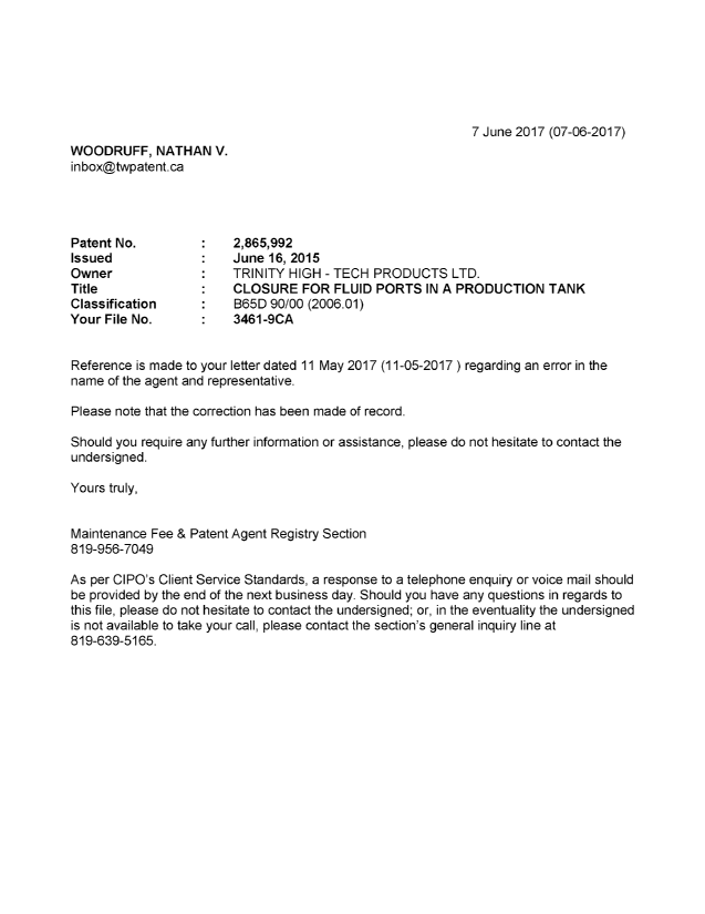 Canadian Patent Document 2865992. Office Letter 20170607. Image 1 of 1