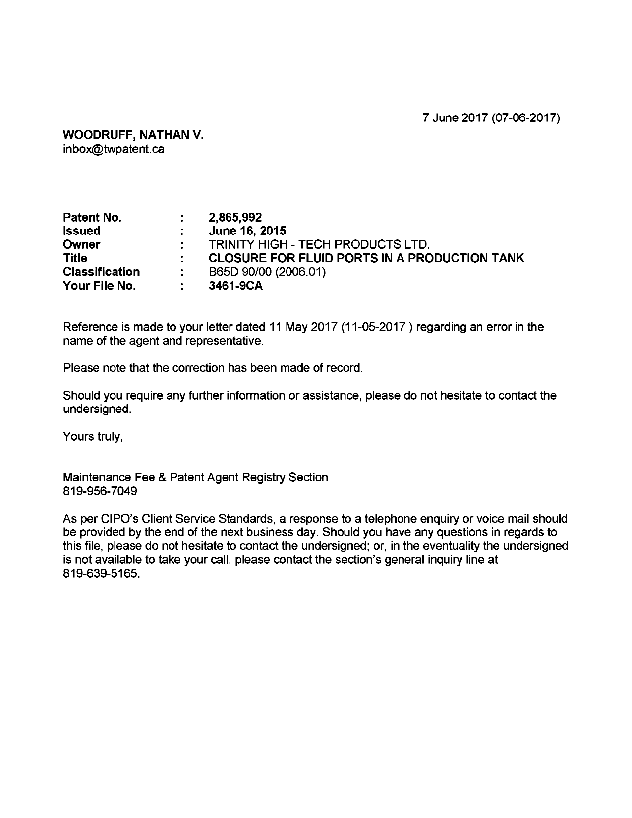 Document de brevet canadien 2865992. Lettre du bureau 20170607. Image 1 de 1