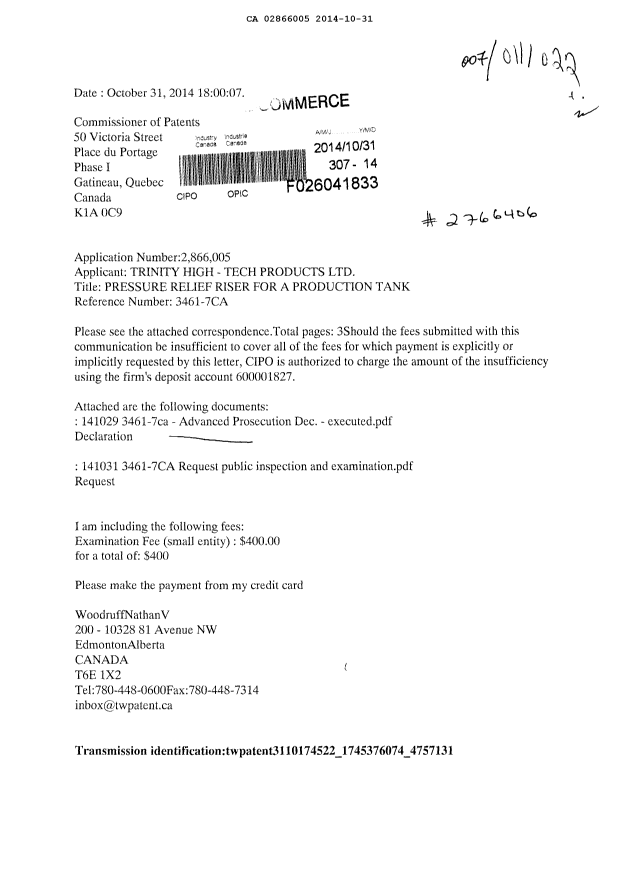 Document de brevet canadien 2866005. Correspondance 20141031. Image 1 de 3