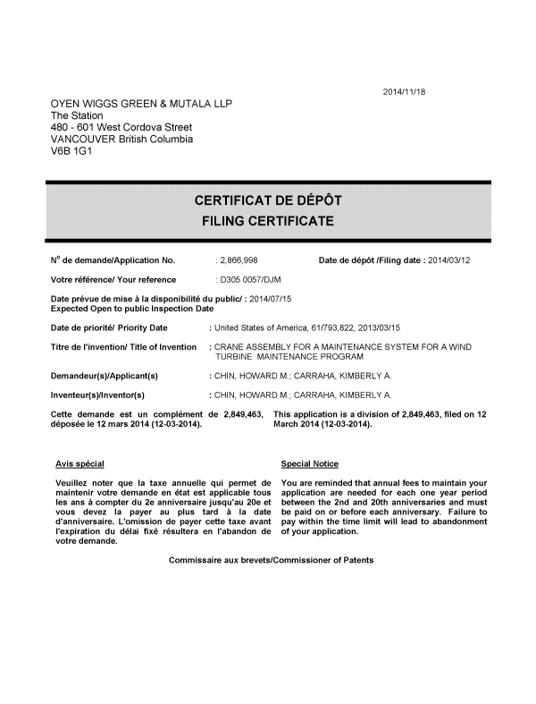 Document de brevet canadien 2866998. Correspondance 20131218. Image 1 de 1
