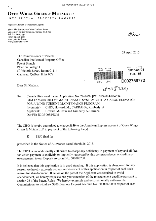 Document de brevet canadien 2866999. Correspondance 20141224. Image 1 de 2