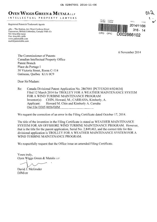 Document de brevet canadien 2867001. Correspondance 20141106. Image 1 de 1
