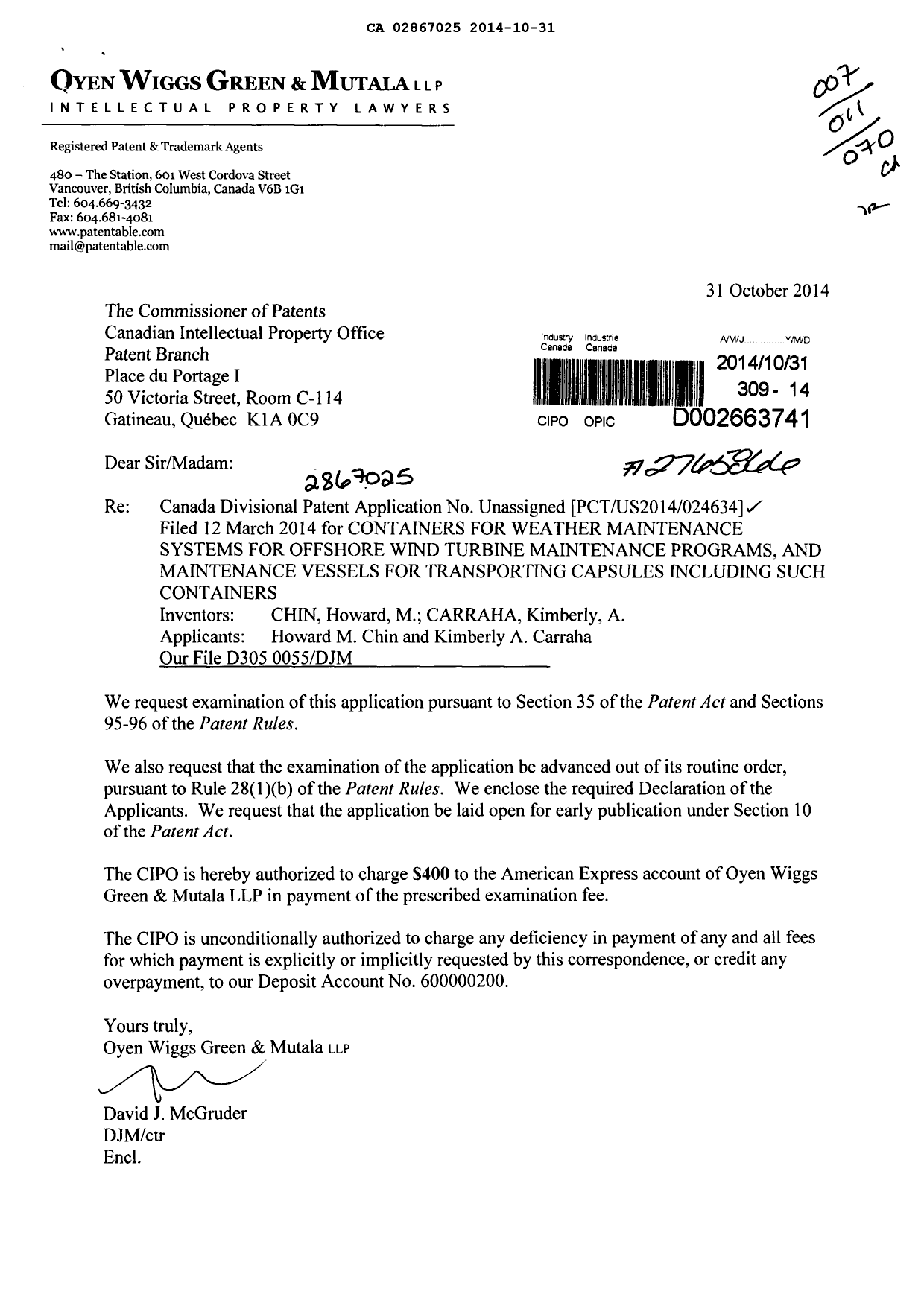 Document de brevet canadien 2867025. Poursuite-Amendment 20131231. Image 1 de 1