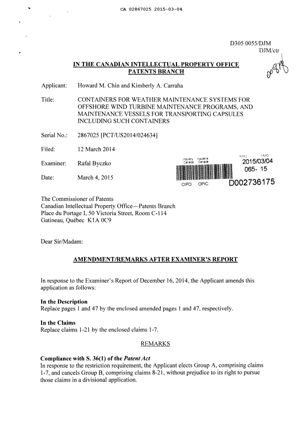 Document de brevet canadien 2867025. Poursuite-Amendment 20141204. Image 1 de 6
