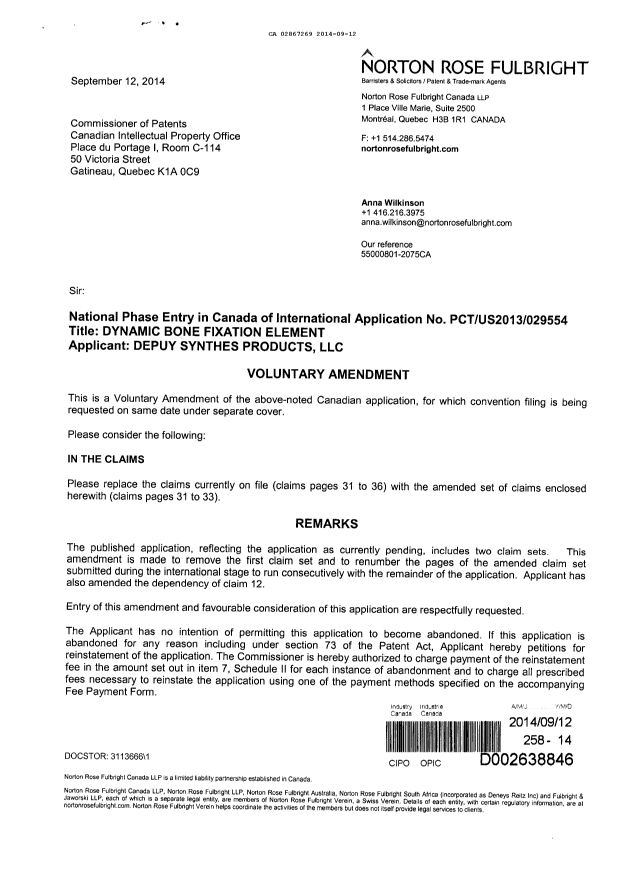 Document de brevet canadien 2867269. Poursuite-Amendment 20140912. Image 1 de 5
