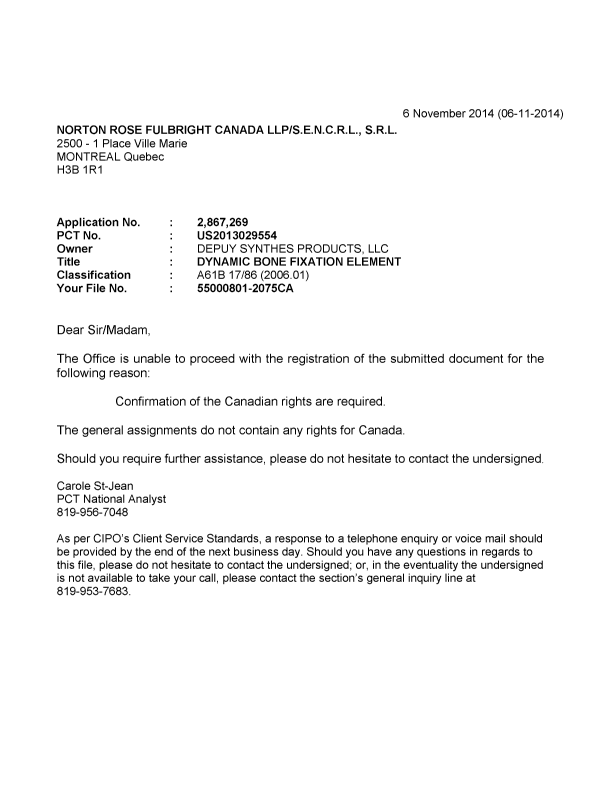 Document de brevet canadien 2867269. Correspondance 20141106. Image 1 de 1