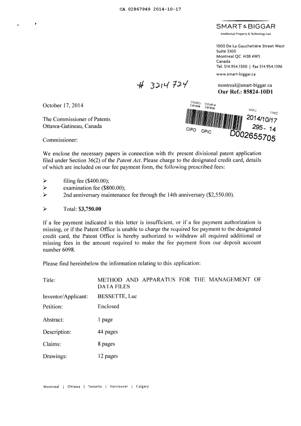 Document de brevet canadien 2867949. Cession 20141017. Image 1 de 3