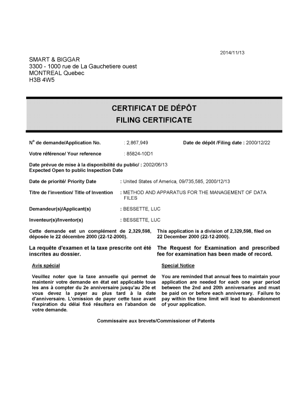 Document de brevet canadien 2867949. Correspondance 20141113. Image 1 de 1