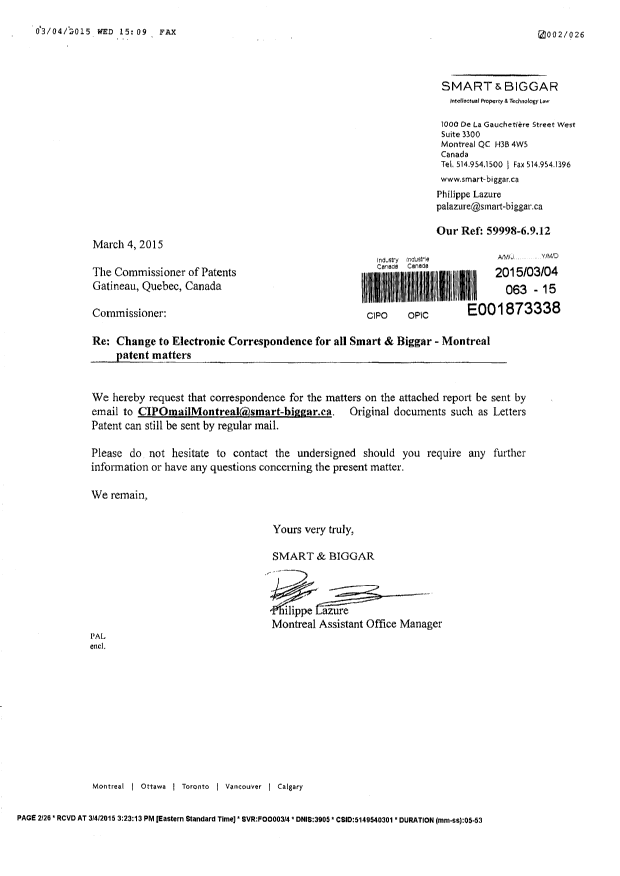Document de brevet canadien 2867949. Correspondance 20150304. Image 1 de 3