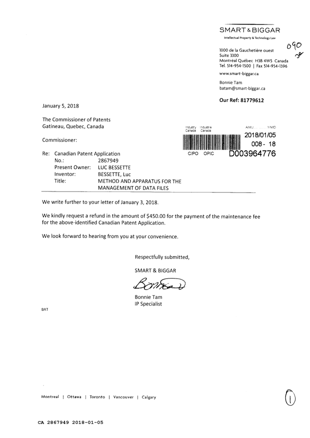 Document de brevet canadien 2867949. Remboursement 20180105. Image 1 de 1