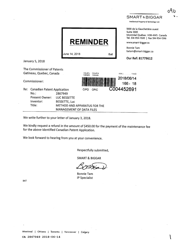 Document de brevet canadien 2867949. Remboursement 20180614. Image 1 de 1