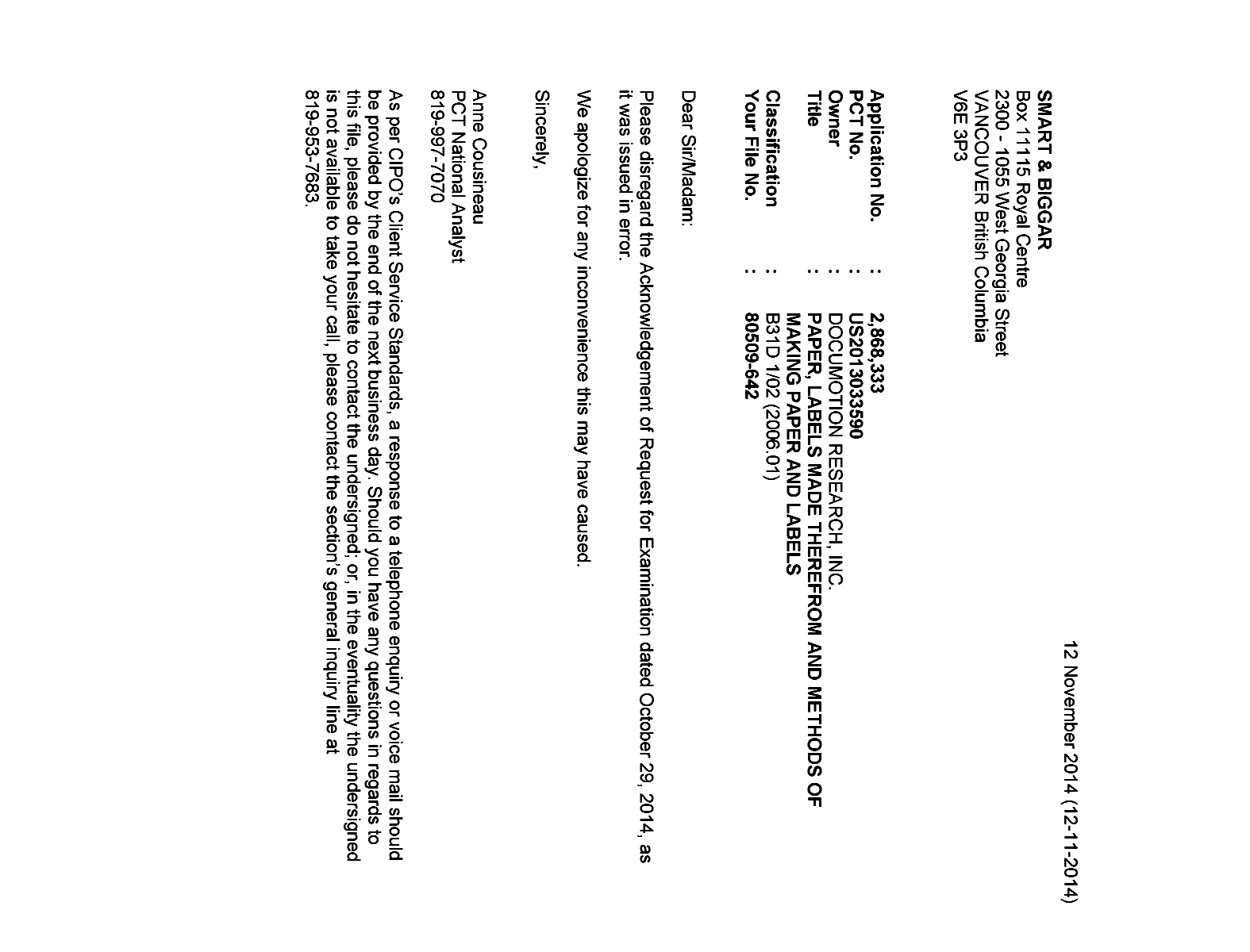 Canadian Patent Document 2868333. Correspondence 20131212. Image 1 of 1