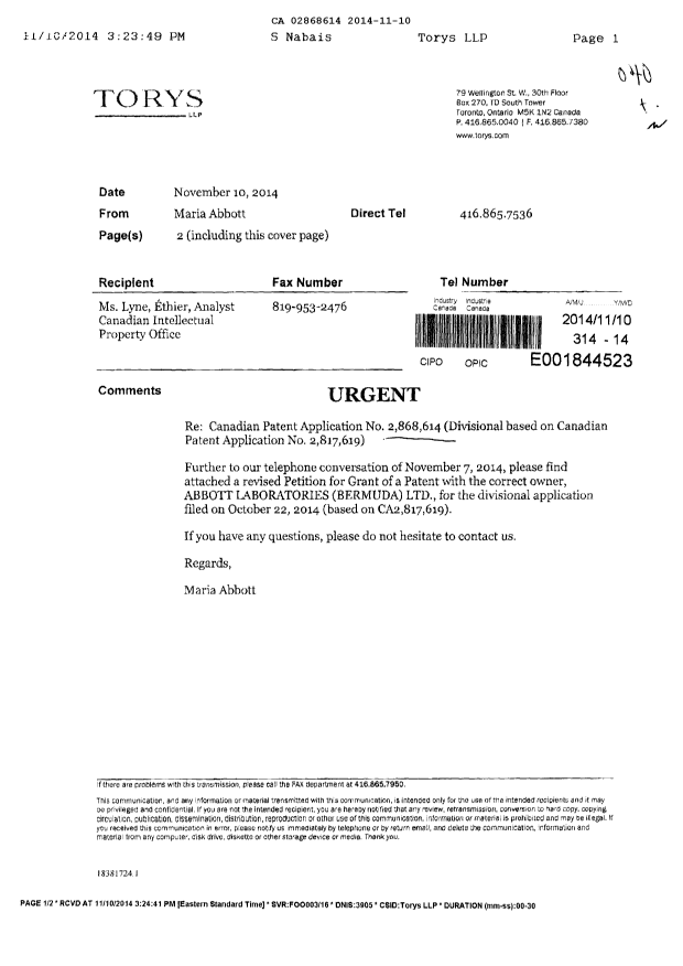 Document de brevet canadien 2868614. Correspondance 20141110. Image 1 de 2