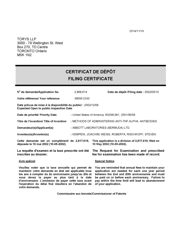 Document de brevet canadien 2868614. Correspondance 20141119. Image 1 de 1