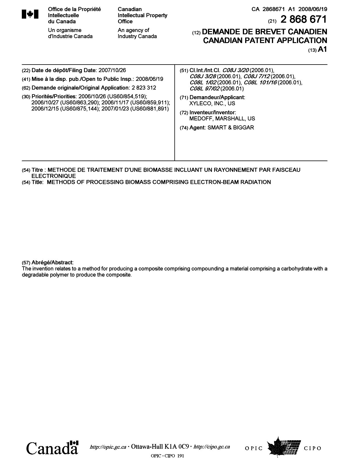 Canadian Patent Document 2868671. Cover Page 20131201. Image 1 of 1
