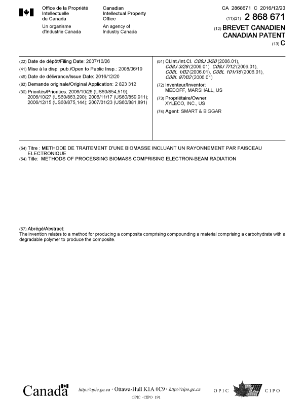 Document de brevet canadien 2868671. Page couverture 20151208. Image 1 de 1