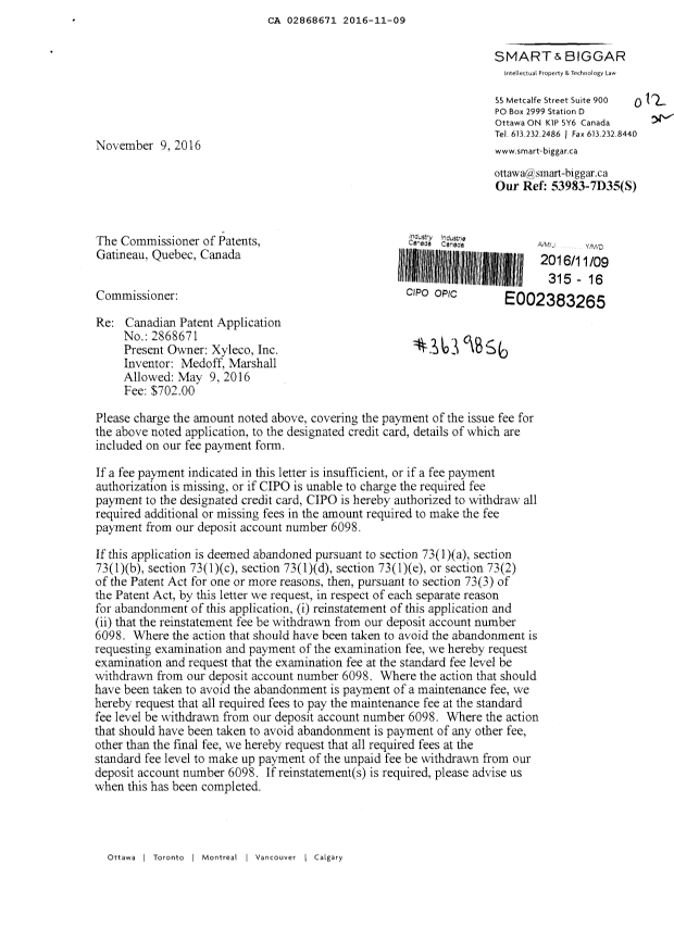 Canadian Patent Document 2868671. Correspondence 20151209. Image 1 of 2