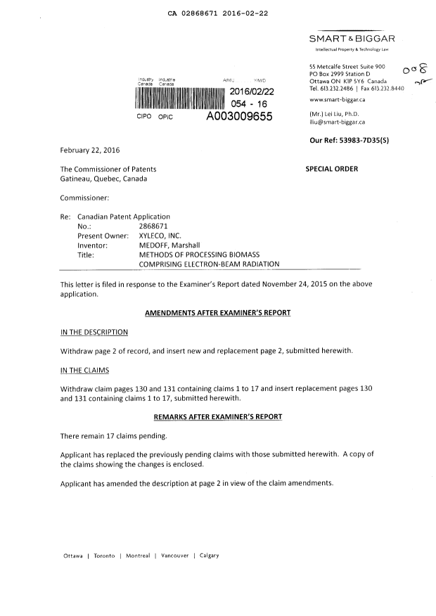 Document de brevet canadien 2868671. Poursuite-Amendment 20151222. Image 1 de 7