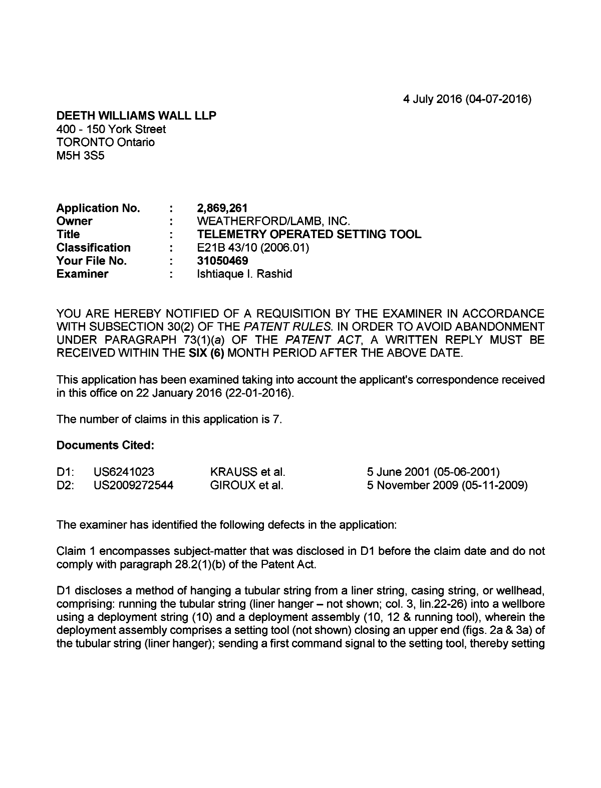 Canadian Patent Document 2869261. Examiner Requisition 20160704. Image 1 of 3