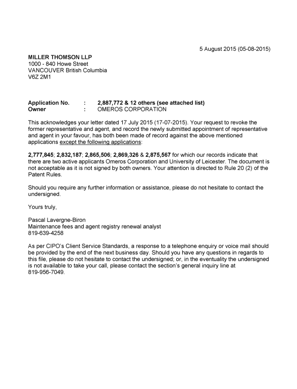 Document de brevet canadien 2869326. Lettre du bureau 20150805. Image 1 de 3