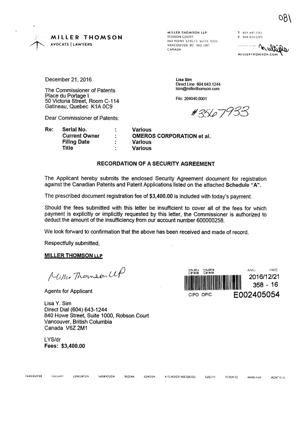 Document de brevet canadien 2869326. Cession 20161221. Image 1 de 15