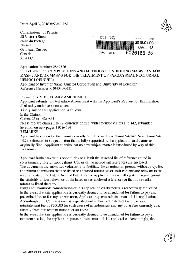 Canadian Patent Document 2869326. Amendment 20180403. Image 1 of 18
