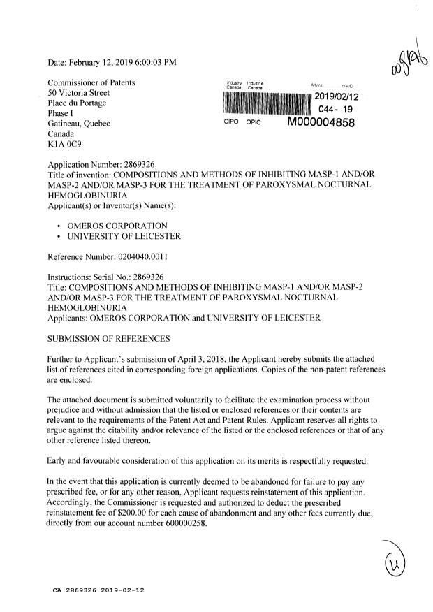 Document de brevet canadien 2869326. Modification 20190212. Image 1 de 4