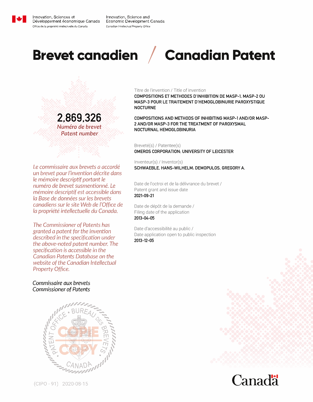 Canadian Patent Document 2869326. Electronic Grant Certificate 20210921. Image 1 of 1